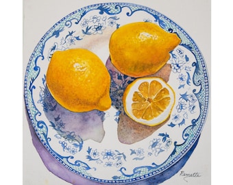 Spode Blue Bowl & Lemons, Watercolor Painting by Pierrette Komarek, 12 X 13 Chinoiserie Decor, Watercolor Lemons, gift