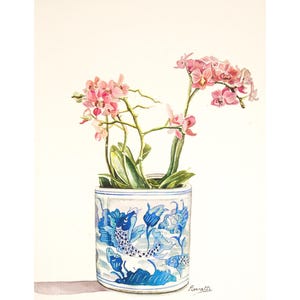 Pink Orchid Giclee Print: Chinoiserie Vase Watercolor Art