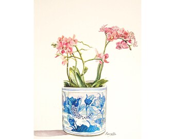May include: A watercolor painting of pink orchids in a blue and white ceramic pot with a floral design. The pot has a fish design on it.