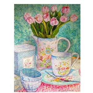 Rosa Tulpen im Krug Original Aquarell von Pierrette Komarek
