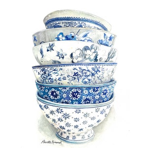 May include: A watercolour painting of six blue and white patterned bowls stacked on top of each other. The bowls display floral and geometric designs in shades of blue and white. The overall aesthetic is classic and elegant. The bowls are stacked.