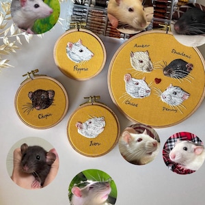 May include: A collection of embroidered portraits of rats in yellow hoops. The hoops are labeled with the names "Pepper", "Chopin", "Ivor", "Chloe", "Penny", "Amber", and "Shadeni".