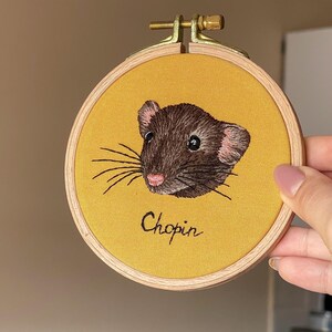 May include: Embroidered hoop art featuring a brown rat with pink nose and whiskers. The hoop is yellow and has the name "Chopin" embroidered below the rat.