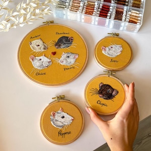 Bordado de retrato de rato de estimação personalizado, presente para amantes de animais de estimação, bordado de rosto de rato, bastidor de bordado de animais, presente para amantes de ratos, bordado à mão