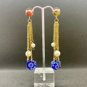 六角形のかんざし（青）Hexagon Kanzashi (Blue) - Japanese Hair Ornament Inspired Handmade Dangling Yuzen Washi Chiyogami Gold Plated Resin Earrings
