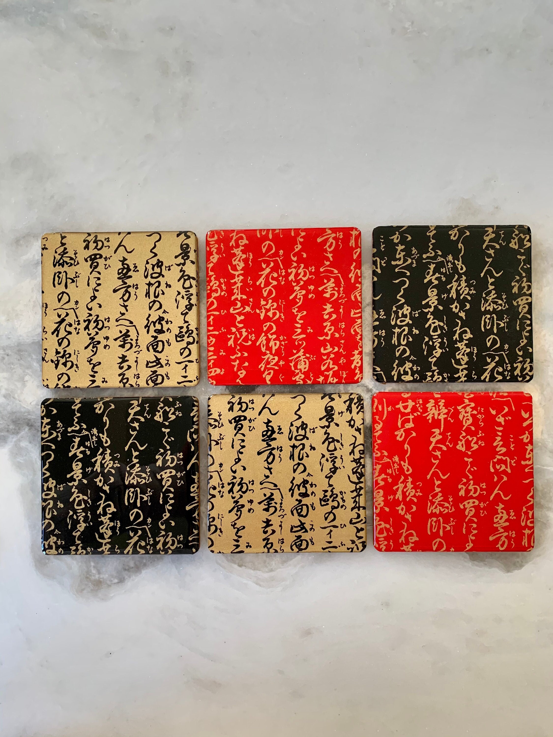 和柄コースター（赤と金と黒の習字）set of 6 Red, Gold, and Black