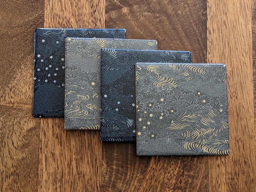 和柄コースター紺とグレーに白い花set of 4 White Flowers on Navy and Grey - Etsy