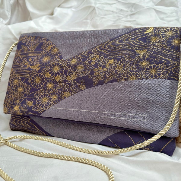 紫に金の和柄着物帯バッグ Gold Wagara on Purple Japanese Kimono Obi Shoulder Crossbody Bag -Upcycled Vintage Silk Obi -one of a kind -unique gift