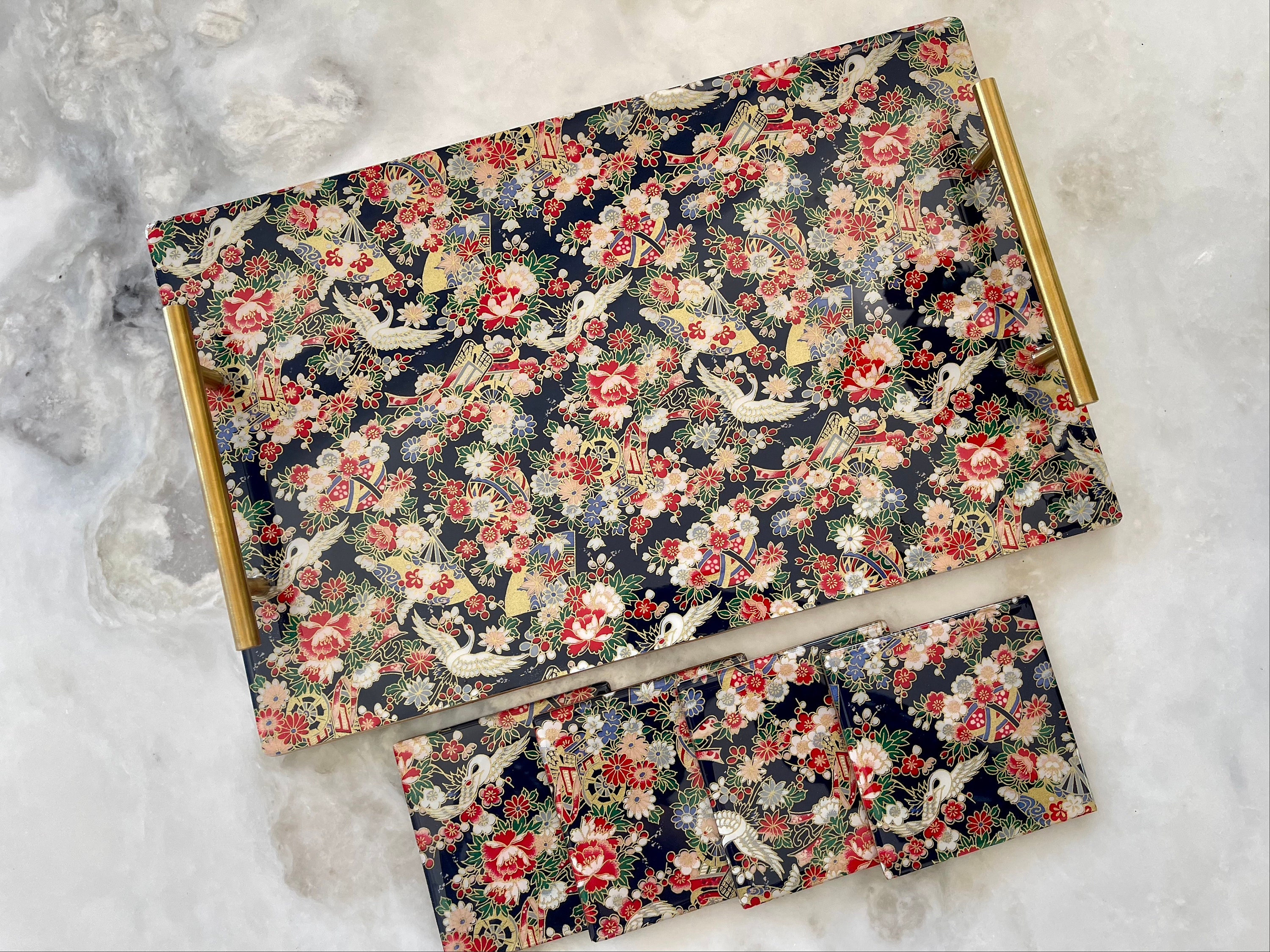 和柄トレーコースターセット大紺の和柄 Serving Tray Coaster Set L Navy Wagara Etsy