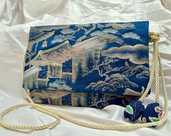 青い馬車様着物帯バッグ Blue Carriage Pattern Japanese Kimono Obi Shoulder Crossbody Bag - Upcycled Vintage Silk Obi -one of a kind -unique gift