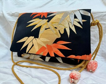 黒に竹着物帯バッグ Gold Bamboo on Black Japanese Kimono Obi Shoulder Crossbody Bag - Upcycled Vintage Silk Obi -one of a kind -unique gift