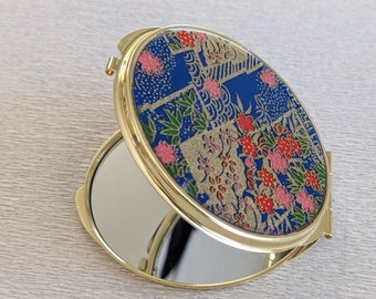 コンパクト鏡（青の菱形ガーデン) Japanese Blue Diamond Garden Chiyogami Epoxy Resin Cosmetic Mirror, Purse Makeup Mirror, Handmade Compact Mirror