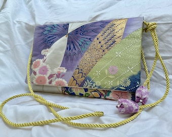 紫和柄蝶柄着物帯バッグ Wagara Butterfly Japanese Kimono Obi Shoulder Crossbody Bag -Upcycled Vintage Silk Obi - one of a kind - unique gift