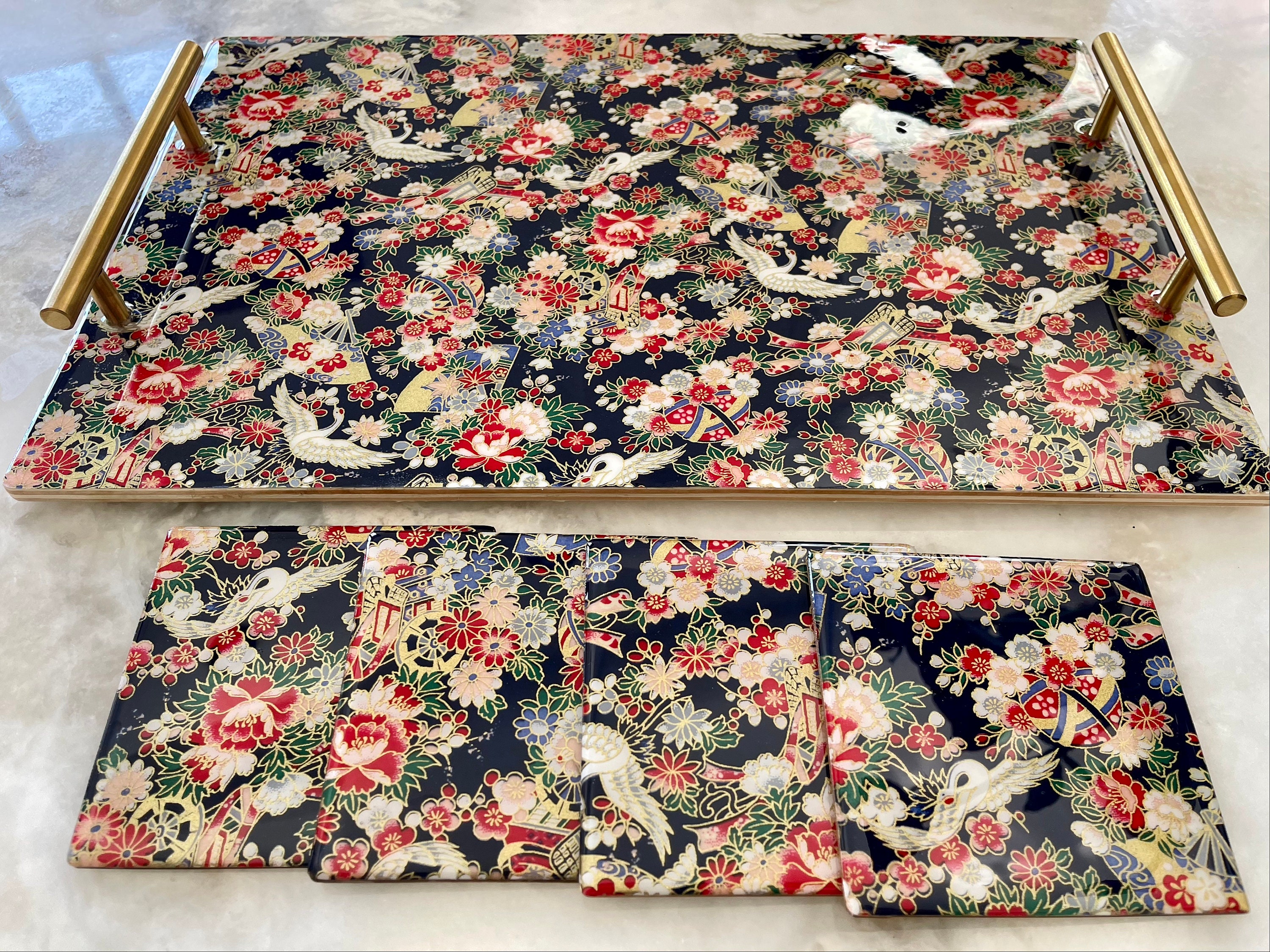 和柄トレーコースターセット大紺の和柄 Serving Tray Coaster Set L Navy Wagara Etsy