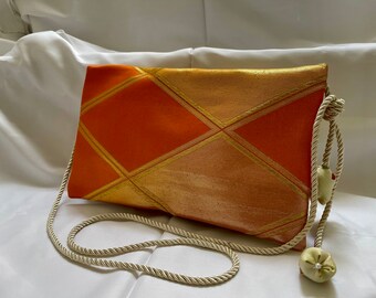 オレンジと金の菱形着物帯バッグ Orange&Gold Diamond Japanese Kimono Obi Shoulder Crossbody Bag - Upcycled Vintage Silk Obi - one of a kind - unique gift