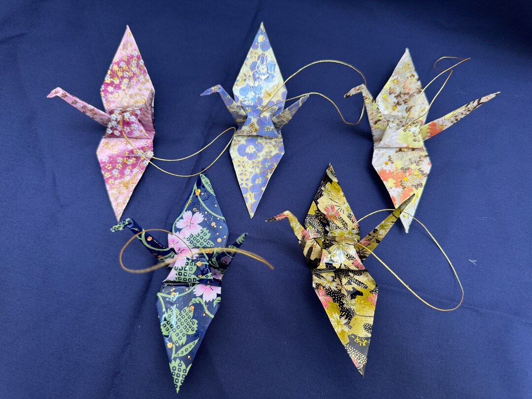 紫の鶴1 Murasaki Tsuru purple Cranes set of Five Handmade Chiyogami