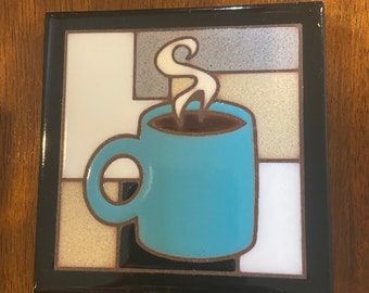 Handmade Ceramic Coaster - Blue Coffee Cup