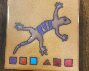 Handmade Ceramic Coaster - Geckos - Amber