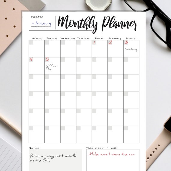 Printable Monthly Planner Undated Calendar. A4 A5 and US | Etsy UK