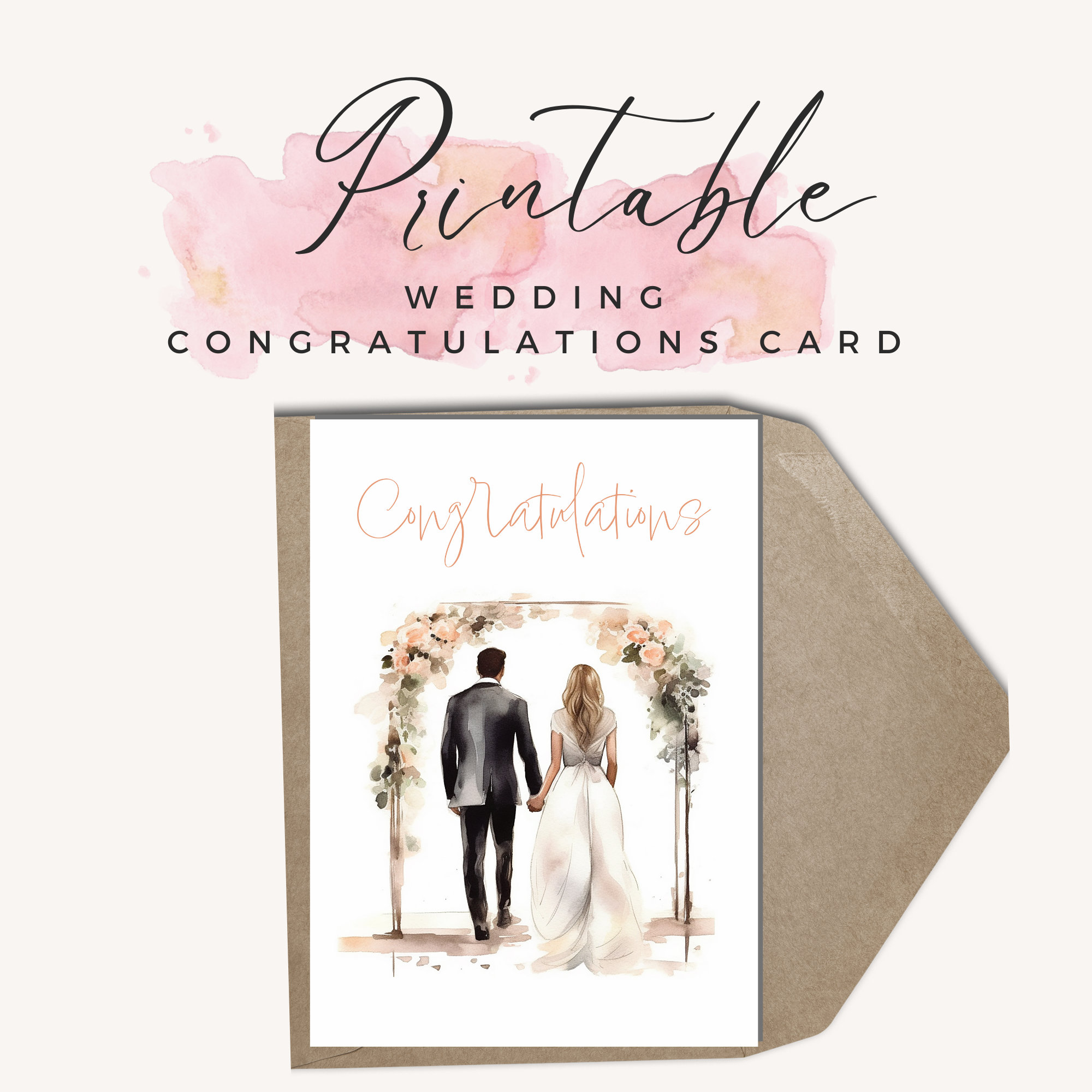 Printable Wedding Congratulations Card, Watercolor Style, Romantic Bride and Groom - Etsy