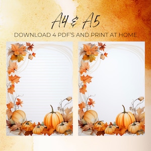 Papel de papelería de calabaza imprimible en otoño / A4 A5 / Forrado sin forro / Papel para escribir cartas / Hojas y calabazas de otoño / Descarga instantánea