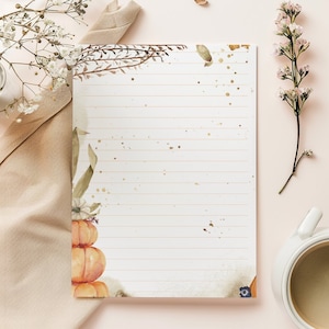Papel de papelería imprimible de otoño / A4 A5 / Forrado sin forro / Papel para escribir cartas / Hojas y calabazas de otoño / Descarga instantánea