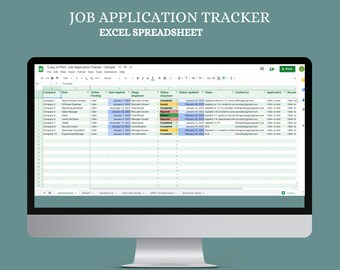 May include: A screenshot of a spreadsheet application with the title "Job Application Tracker - Excel Spreadsheet". The spreadsheet is organized into columns with headings such as "Company", "Role", "Date Applied", "Status", and "Steps". The spreadsheet contains data about job applications, including the company name, job title, date of application, status of the application, and the steps taken in the application process.