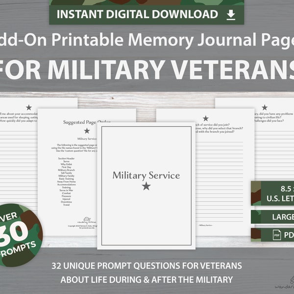 Military Printable Keepsake Add-On Guided Journal Pages with 32 Prompts for Military Veterans | INSTANT DOWNLOAD | Service Member Gift