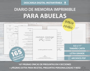 SPANISH Diario para Abuela – Libro de Recuerdos para Abuelita – 165+ Preguntas Guiadas – Keepsake Journal – Descarga Instantánea