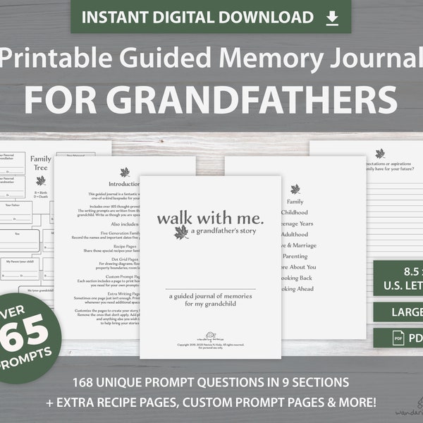 Grandfather Printable Keepsake Book To Record His Life | Grandpa Guided Journal of Memories | Over 165 Unique Prompts | INSTANT DOWNLOAD
