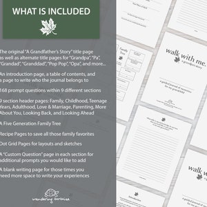 Op de afbeelding: Een zwart-wit afbeelding die de inhoud laat zien van een "Walk with Me" begeleid dagboek voor een kleinkind. Het dagboek bevat een inhoudsopgave, een stamboom, receptenpagina's, stippenrasterpagina's en lege schrijfpagina's. De tekst "What is Included" staat bovenaan de pagina.
