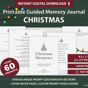 Op de afbeelding: Printbare kerst-geheugenjournaal met meer dan 60 prompts. De omslag heeft een gestileerde kerstboomontwerp en de tekst "Christmas Memories". Het journaal is 8,5 x 11 inch en wordt geleverd in een groot lettertype PDF-formaat.