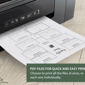 The image shows a printer printing a page from the digital guided memory journal for grandpas, “Walk with Me: A Grandfather's Story.” The text states that PDF files allow for quick and easy printing, with the option to print all files at once or individually. Highlights the convenience of printing the entire diary or just the pages you want.