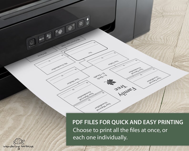 The image shows a printer printing a page from the digital guided memory journal for grandpas, “Walk with Me: A Grandfather's Story.” The text states that PDF files allow for quick and easy printing, with the option to print all files at once or individually. Highlights the convenience of printing the entire diary or just the pages you want.