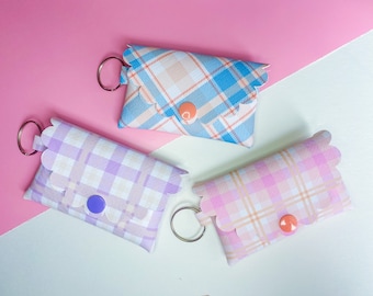 Plaid Snap Button Faux Leather Coin Purse / Card Holder Keychain