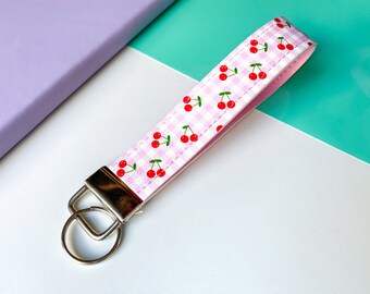 Pink Gingham & Cherry Print Faux Leather Wristlet, Key Fob, Keychain