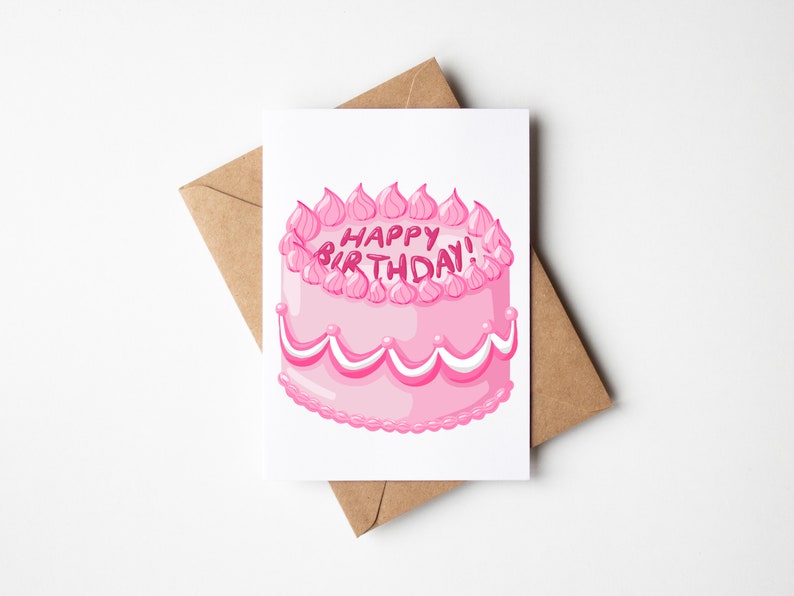 Pink Birthday Cake Card Retro Style Celebration Birthday Cake image 1