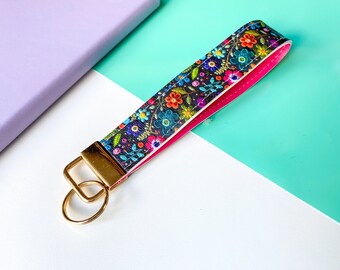 Hot Pink & Faux Embroidered Floral Print Faux Leather Wristlet, Key Fob, Keychain