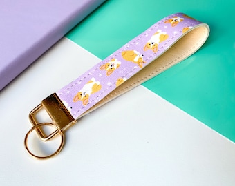 Lilac Purple Corgi Dog Print Faux Leather Wristlet, Key Fob, Keychain