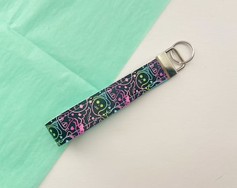 Handmade Black & Rainbow Cute Halloween Print Faux Leather Wristlet, Key Fob, Keychain