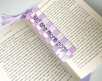 Chequered Lilac Purple ‘Just One More Page’ Acrylic Clear Bookmark with Tassel