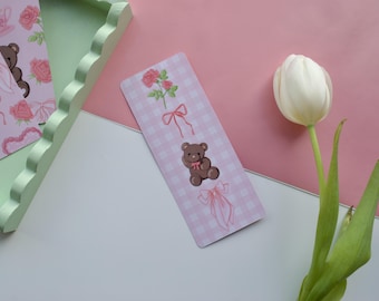 Coquette Inspired Bow & Teddy Bear Laminated Double Sided Bookmark