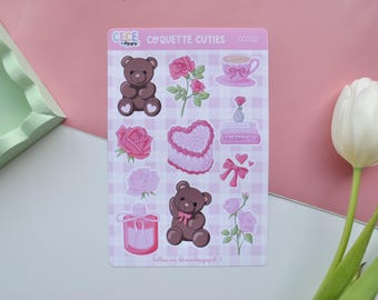 Coquette Bear & Roses Sticker Sheet: Matte Vinyl Stickers