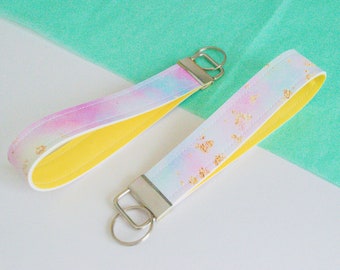 Handmade Gold Pastel Cloud Faux Leather Wristlet, Key Fob, Keychain