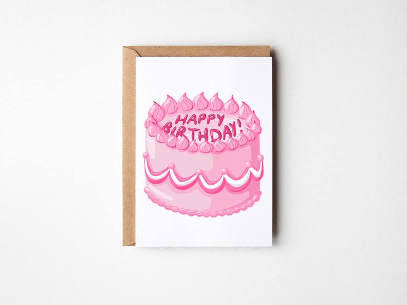 Pink Birthday Cake Card Retro Style Celebration Birthday Cake image 2