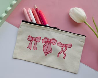 Three Pink Coquette Bow Pencil Case Zipper Pouch