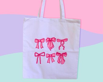 Repeating Pink Bows Coquette Inspired White Cotton Tote Bag