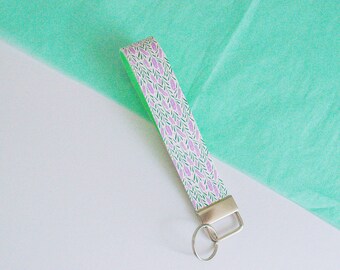 Handmade Lavender Print Faux Leather Wristlet, Key Fob, Keychain