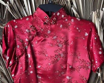 VTG 1940s Qipao Cheongsam Dress Red Silk Satin Wax Pearls Size Medium