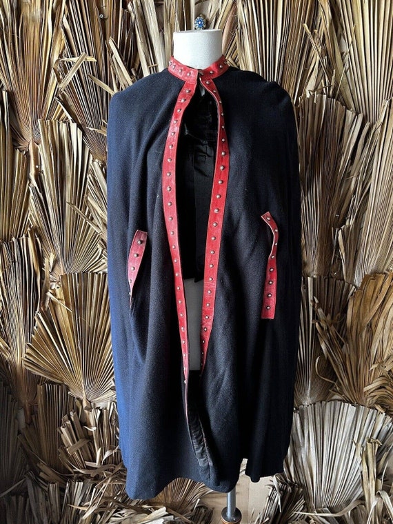 Vintage Black Cape with Red Leather Studded Trim - image 10
